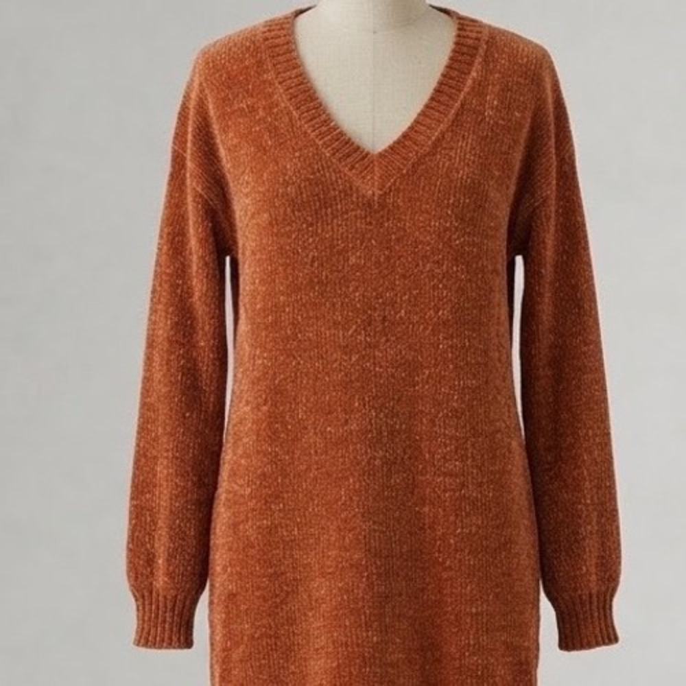 Derek Heart Burnt Orange Chenille V-Neck Sweater Dress Tunic Large